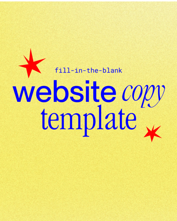 Yellow background with blue 'website copy template' words written on it. Two red stars on either side of the centered text